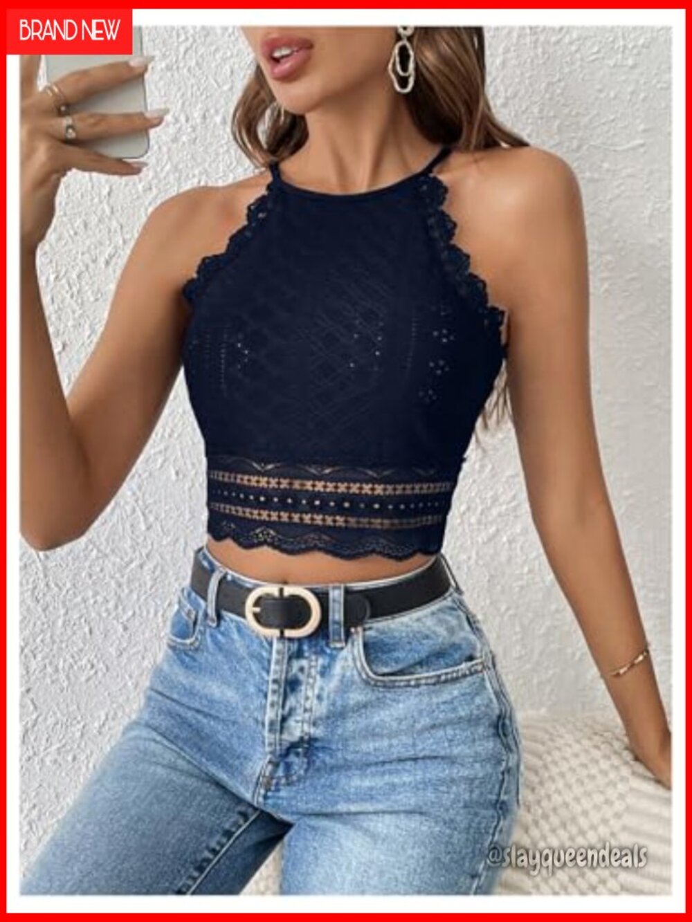 Floral Lace Crop Halter Tank Top Sleeveless Cami - Picture 6 of 7